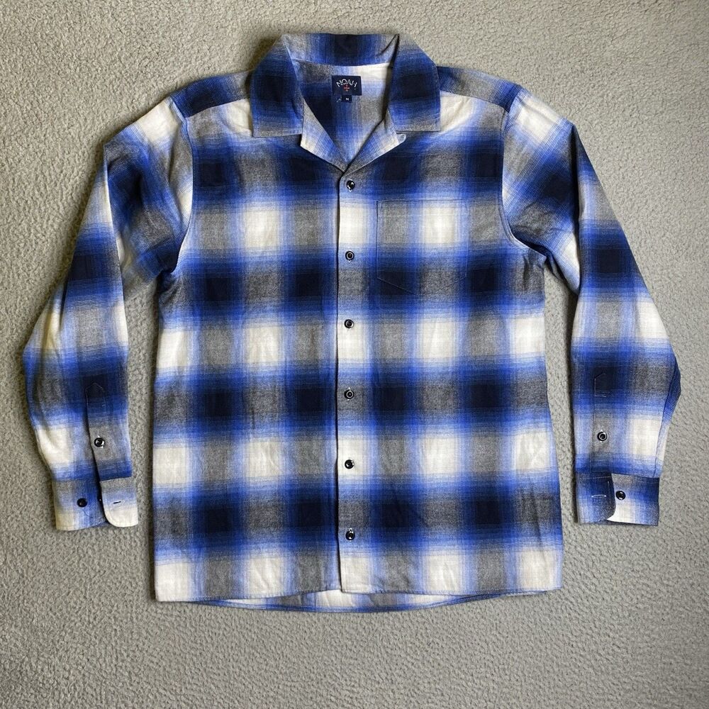 Noah NYC Flannel Shirt Mens Medium Shadow Plaid Blue Button Up Loop Collar NWOT